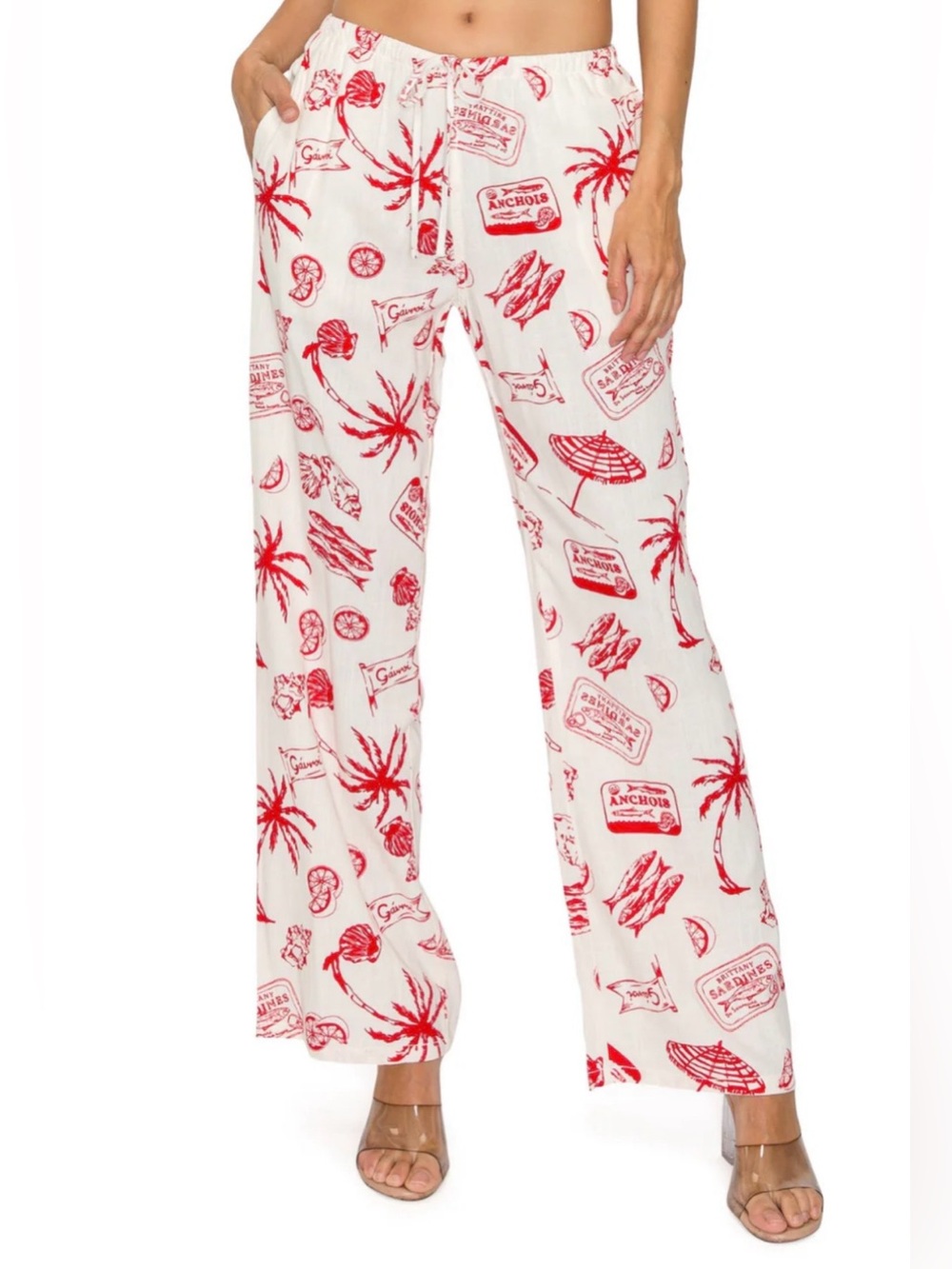 NWT Cali1850 Sea Life Linen Blend Wide Leg Beach Pants Starfish Shells Sardines